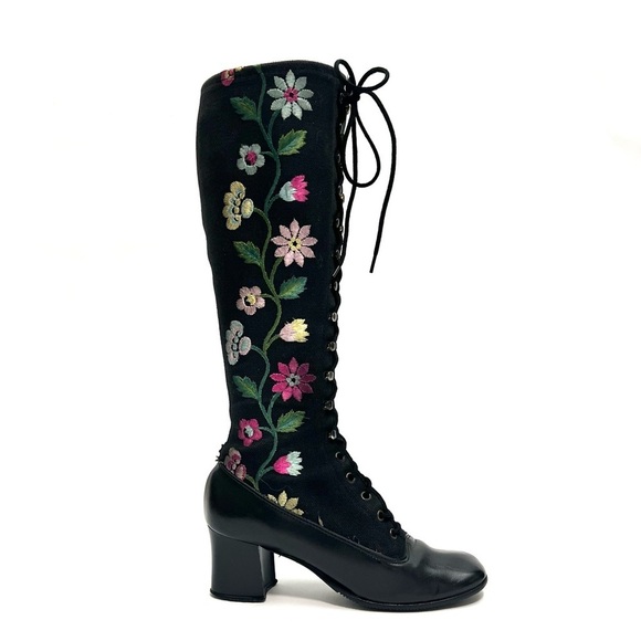 Shoes - Vintage 1970s black canvas floral embroidered lace up knee high Penny Lane boots